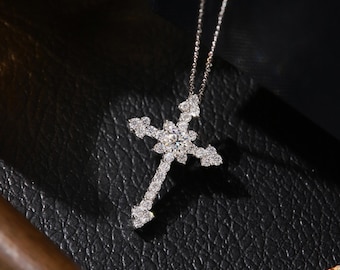 Ängelsten, Diamantkorshalsband, Smycken i 14K Vitt Guld, Moissanitkorshänge, Religiöst Hänge, Religiös Gåva