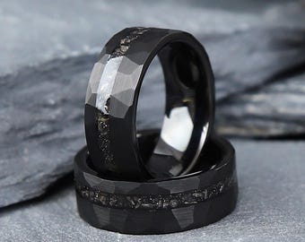 Black Hammered Tungsten Band with Crushed Meteorite - His and Hers Wedding Ring - Anniversary Gift - 8mm Engagement Ring