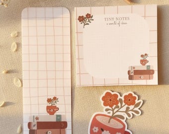 Pacote de Papelaria - Livro Aconchegante e Flores | Bloco de Notas, Adesivo de Vinil, Marcador de Página, Presente para Professor