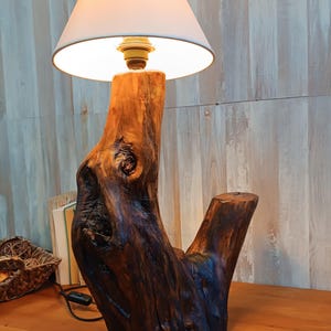 May include: A table lamp made from a natural wood branch with a white fabric lampshade. The lamp is turned on and the light is shining through the shade.
