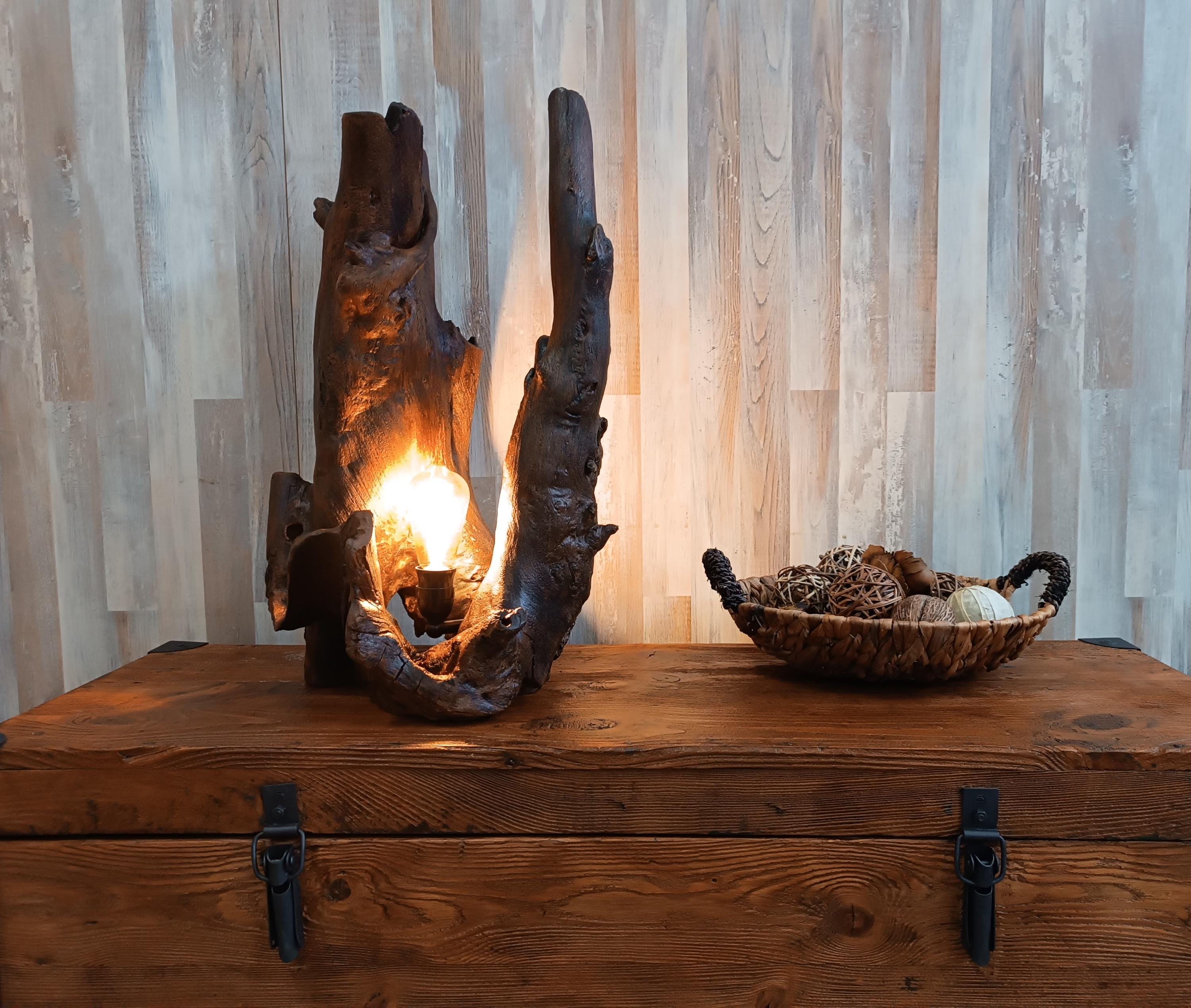 Handcrafted Natural Driftwood Lamp,Unique log table lamp,Burned wood finish,Related stems Artisan Wooden Sculpture Decor light,Night light