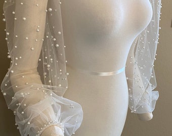 Detachable wedding sleeves - removable sleeves - pearl sleeves - bishop sleeves - bridal sleeves - off-white pearl tulle - white pearl tulle