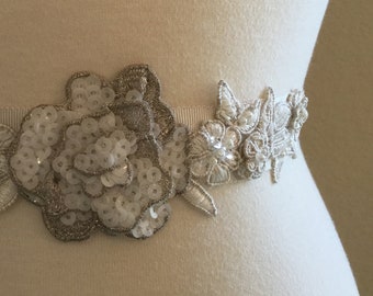 Wedding dress belt - wedding dress sash - bridal belt - bridal sash - ribbon sash - vintage silver beading