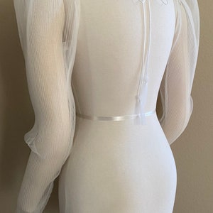 May include: White sheer top with puffed sleeves and a tie at the back.