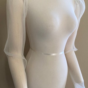 May include: White sheer fabric sleeves with a gathered puff at the shoulder and a ruffled cuff. The sleeves are on a white dress form.