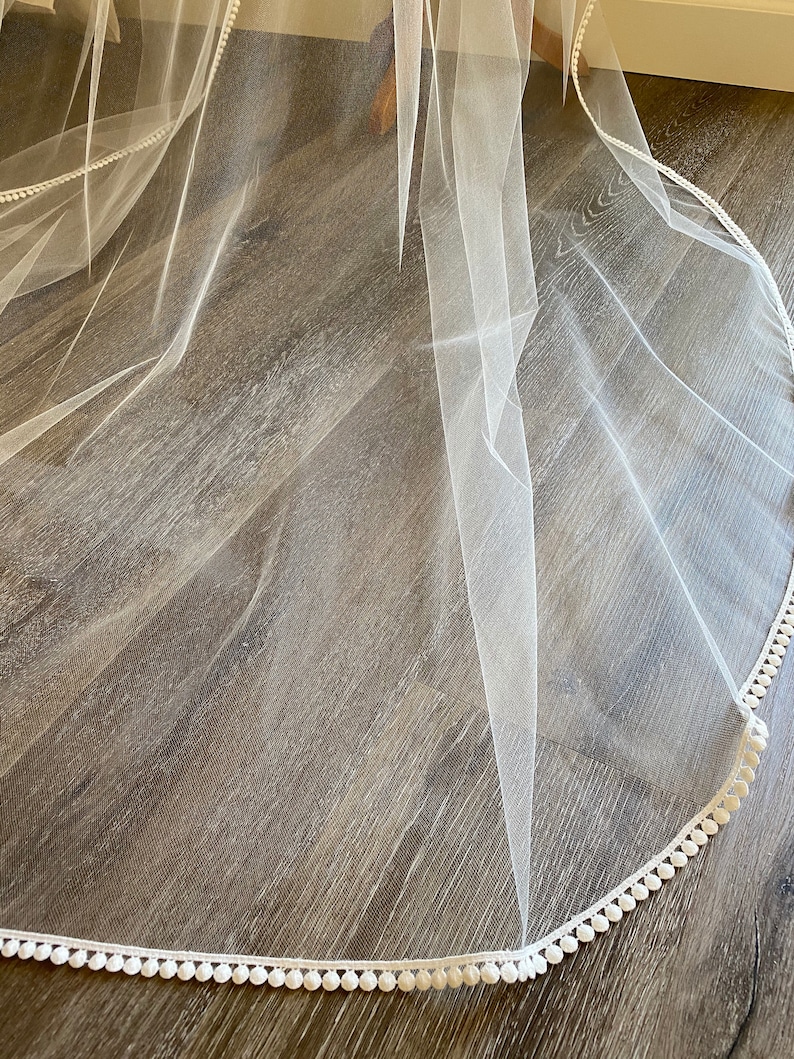 diamond white Veil Crochet Pom Pom trim