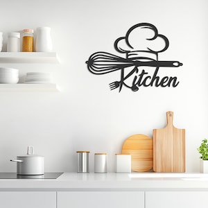 Kitchen Chef Hat Metal Wall Art, Modern Kitchen Wall Decor, Black Metal Kitchen Sign, Rustic Cooking Utensils Decor, Minimalist Kitchen Art