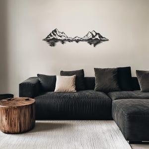 Metalen muurkunst bergen en meer, op de natuur geïnspireerd muurdecor, rustiek landschap aan de muur, moderne metaalkunst voor cadeaus thuis of in de hut