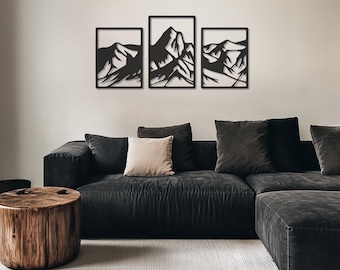 Set of 3 Mountain Metal Wall Art, Modern Nature Wall Decor, Triptych Mountain Scene, Rustic Wall Hanging for Home, Cabin or Living Room Gift