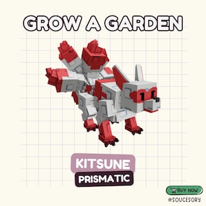 Könnte beinhalten: Eine 3D-Illustration eines weißen und roten Kitsune-Fuchses mit dem Text "GROW A GARDEN" darüber und "KITSUNE PRISMATIC" darunter. Der Fuchs besteht aus geometrischen Formen, mit einem Rasterhintergrund und einem "BUY NOW"-Button.