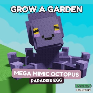 Könnte beinhalten: Ein lila Mega Mimic Octopus, aus Blöcken gebaut, mit gelben und lila Akzenten. Das Bild enthält den Text "GROW A GARDEN" und "PARADISE EGG". Ein "BUY NOW"-Button ist unten rechts sichtbar.