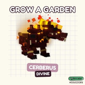 Puede incluir: Ilustración digital de un Cerbero pixelado, un perro mítico de tres cabezas, con melena y cuerpo de fuego. El texto "GROW A GARDEN" está en la parte superior y "CERBERUS DIVINE" en la inferior. Un botón "COMPRAR AHORA" está en la esquina inferior derecha.