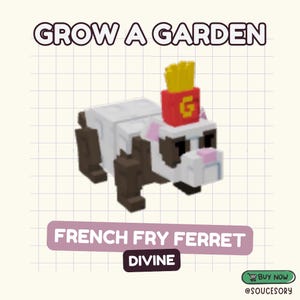 Puede incluir: Ilustración digital de un hurón con cuerpo blanco y marrón, que lleva un sombrero de caja rojo con patatas fritas amarillas y una "G" dorada. Los textos "GROW A GARDEN" y "FRENCH FRY FERRET" se muestran arriba y abajo del hurón.