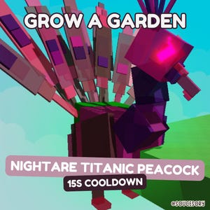 May include: A digital illustration of a peacock with a geometric design, featuring shades of purple, pink, and brown. The text "GROW A GARDEN" is at the top, with "NIGHTARE TITANIC PEACOCK" and "15S COOLDOWN" below.