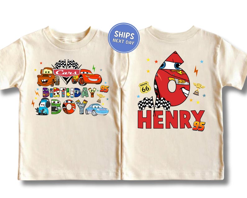 Two white t-shirts with colorful designs and text related to the character "Cars" and a birthday boy named Henry.