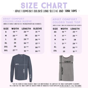 The image is a size chart for adult comfort colors long sleeve and tank tops. It provides measurements for different sizes, including XS, S, M, L, XL, and XXL. The chart includes a chest measurement for tank tops. The image does not contain any text that can be described in more detail, and it does not include any additional information about the clothing items or their features.