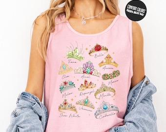 Camiseta sin mangas retro de princesas Disney con corona, camiseta de Disneyworld, Cenicienta, Bella, Rapunzel, Ariel, Blancanieves, camiseta de viaje de chicas Disney