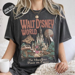 A person wearing a gray t-shirt with a graphic design of Disney World, including a castle, roller coaster, and other iconic landmarks.