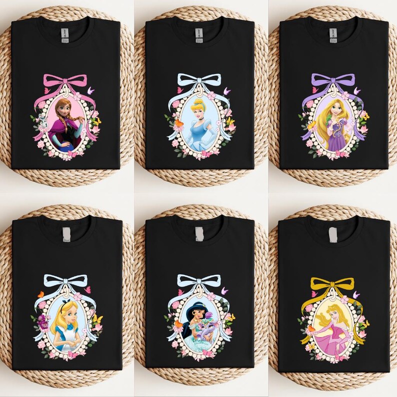 a bunch of tshirts with princesses on them