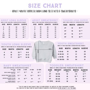 The image is a size chart for long sleeves and sweatshirts, providing measurements and corresponding sizes for different age groups and gender.
