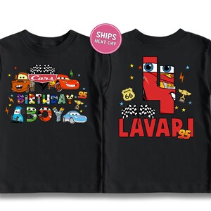 Two black t-shirts with colorful designs and text related to a birthday celebration.