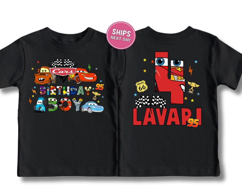 Two black t-shirts with colorful designs and text related to a birthday celebration.