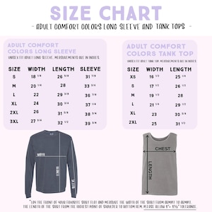 The image is a size chart for adult comfort colors long sleeve and tank tops. It provides measurements for different sizes, including XS, S, M, L, XL, and XXL. The chart includes a chest measurement for tank tops. The image does not contain any text that can be described in more detail, and it does not include any additional information about the clothing items or their features.