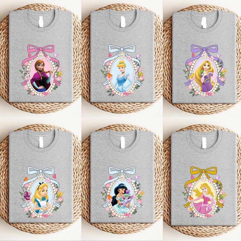 a set of six tshirts with princesses on them
