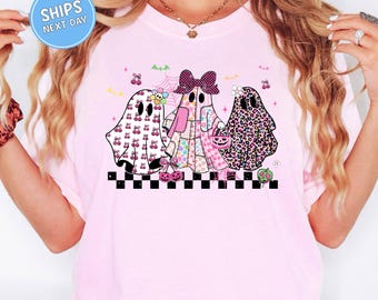 Comfort Colors® In October We Wear Pink Ghost Shirt Breast Cancer Awareness Tee Halloween Ghost Sweatshirt Cancer Pink Ribbon Cute ghost tee