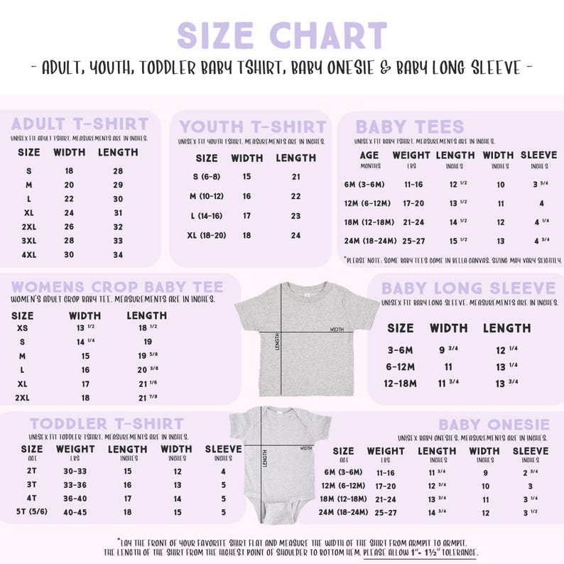The image is a size chart for children's clothing, including a t-shirt, a long sleeve, and a baby onesie. The chart provides measurements and sizes for different age groups, such as infants, toddlers, and young children.