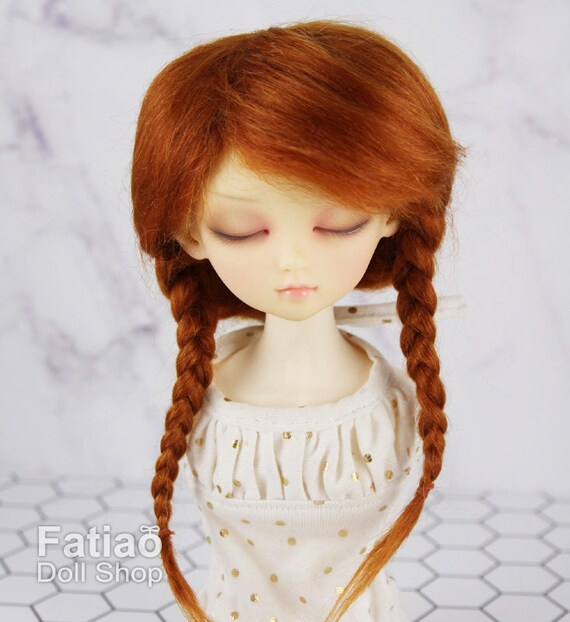 1//4 or 1//3 bjd 7-8/" doll wig carrot red braid curly real mohair dollfie minifee