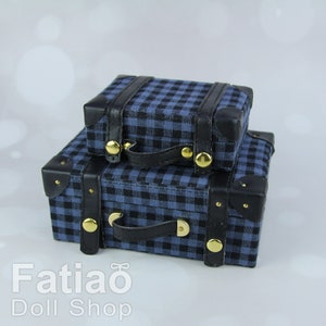 Doll BJD Dollfie vintage Miniature valise en cuir Sac tronc - Carreaux bleus