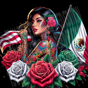 Mexicaans-Amerikaanse Pride Latina Chicana-tatoeagerozen | Patriottische vlag VS digitale afbeelding clipart | Download PNG-afdrukbare DTF-sublimatie