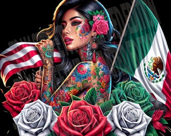 Mexican-American Pride PNG: Latina Tattoo, Roses & Flags (Digital Download