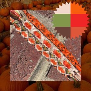 May include: Two handmade woven friendship bracelets featuring intricate patterns of orange pumpkins with green stems and leaves. One bracelet displays a diamond-shaped lattice design, while the other features a repeating pumpkin motif in orange and brown.