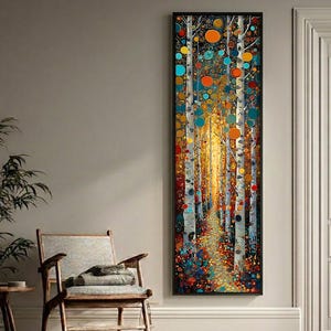 Gustav Klimt Landscape Long Narrow Wall Art: Textured Framed Vertical Canvas Art