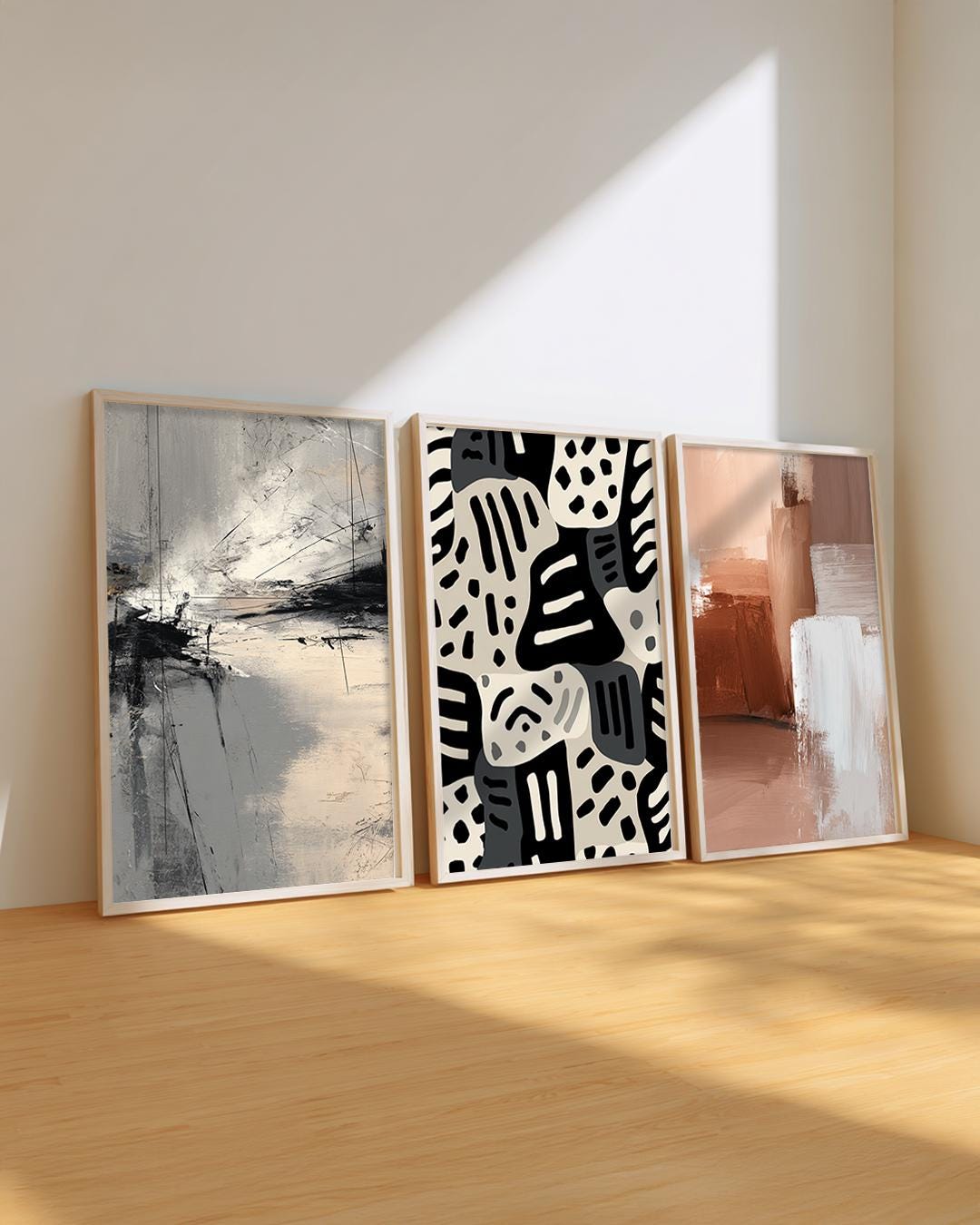 Modern Abstract Wall Art Set of 3, Neutral Black Beige Canvas Prints ...