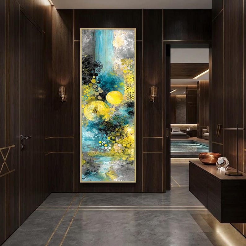 Tall Narrow Abstract Gold Blue Wall Art: Luxury Modern Canvas Print ...