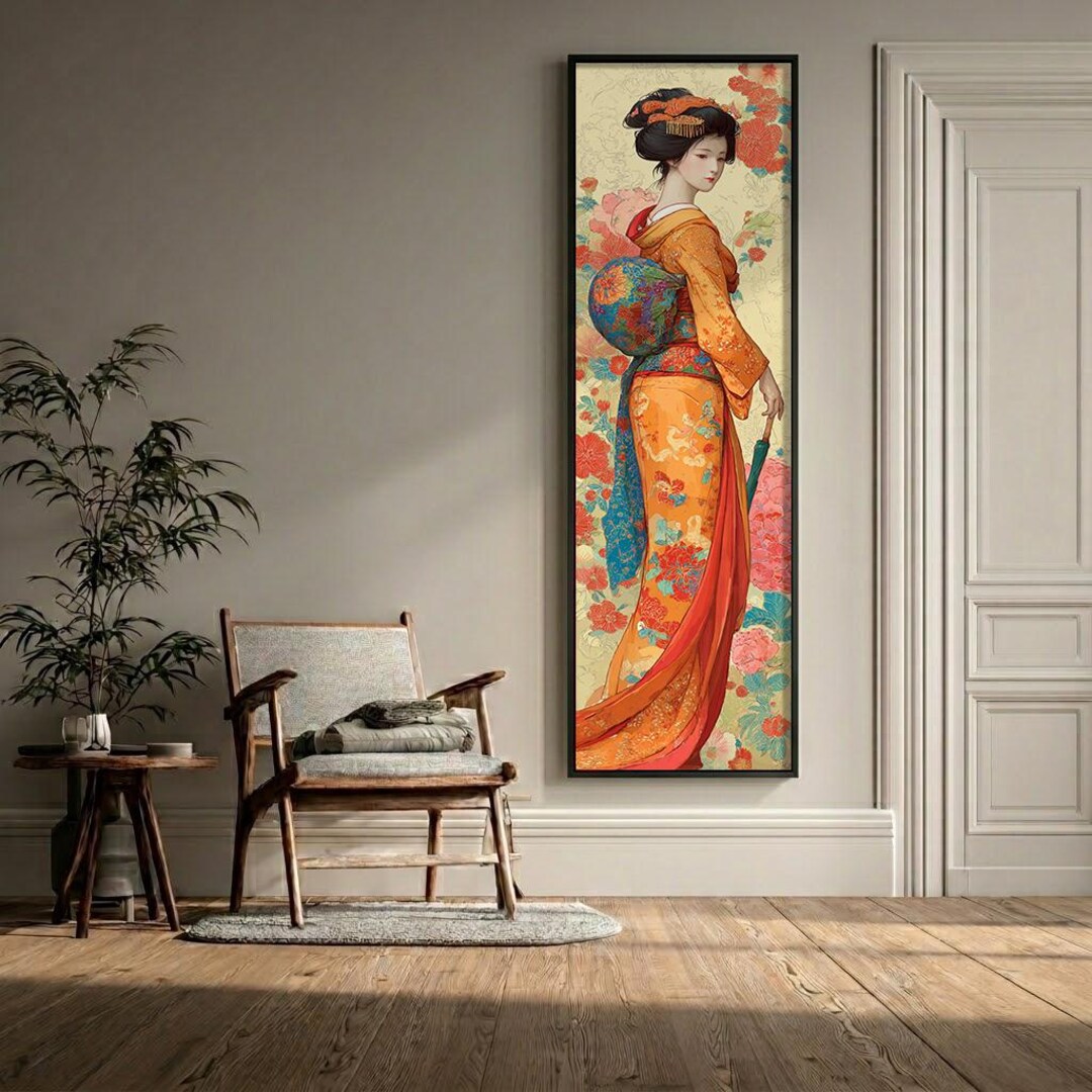 Japanese Geisha Long Narrow Wall Art, Oriental Canvas Print, Asian ...