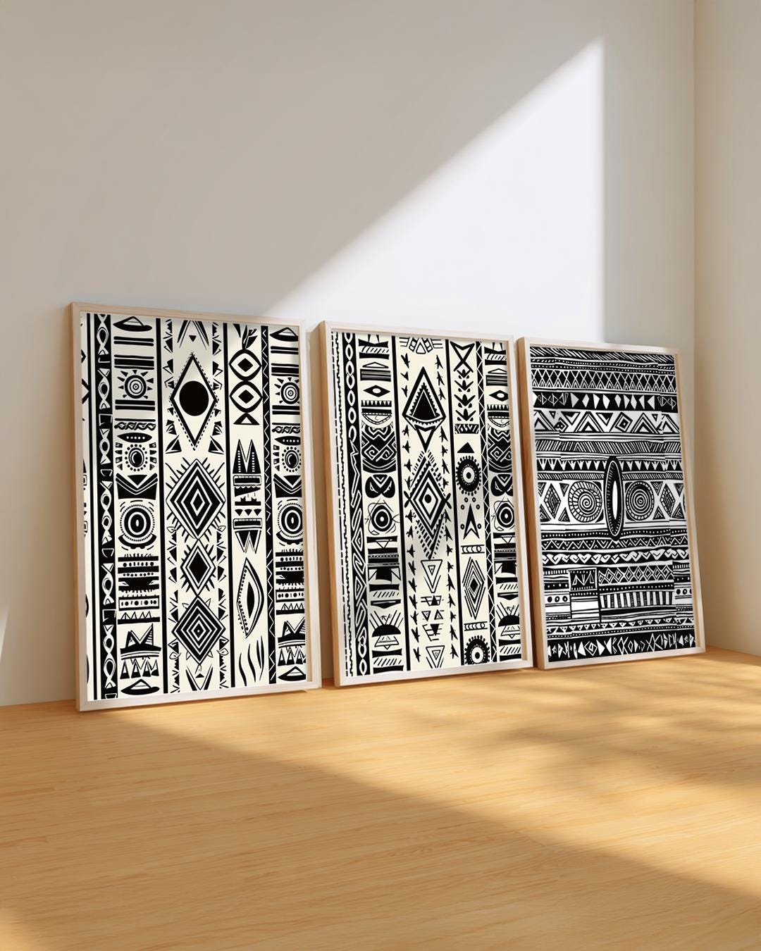 African Tribal Wall Art Set of 3, Black and White Ethnic Prints - Etsy
