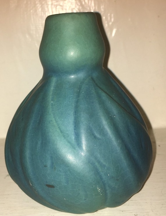 Van Briggle Pottery Turquoise plate bulbous vase with leafs