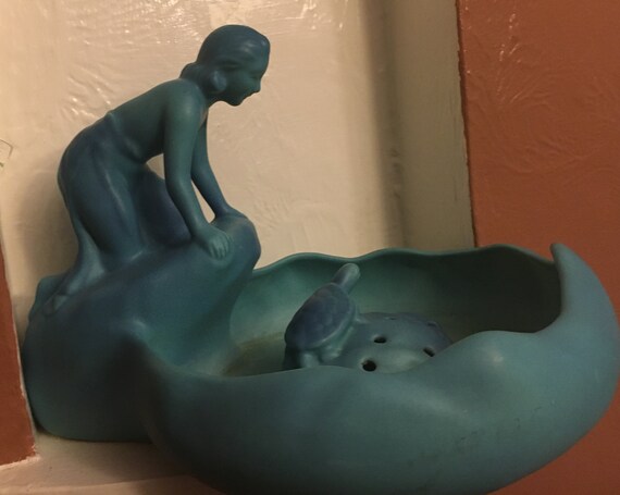Van Briggle Pottery Maiden Planter w/Turtle Flower Frog in Matte Ming Blue
