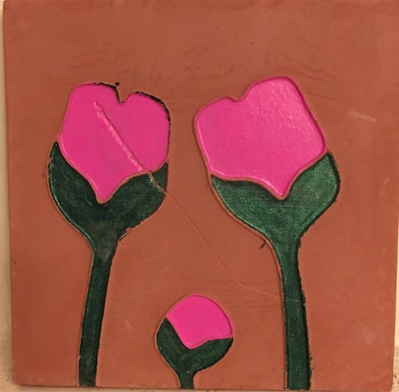 Van Briggle Pottery Tile Single Painted Three Flowers