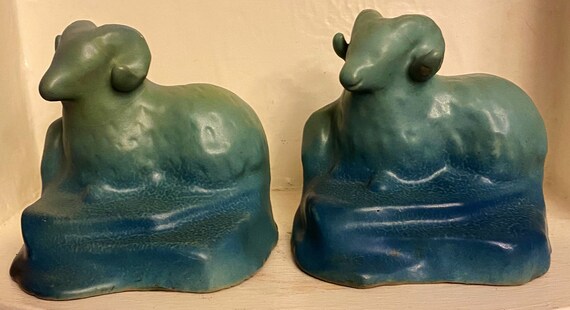 Van Briggle Pottery Turquoise Ram Bighorn Sheep Bookend 1920-30 Matte Finish