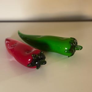 Vintage Glass Chilli Pepper Ornaments. Handmade glass decor, pair of green and red chillis.