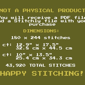 May include: Digital cross-stitch pattern details are displayed on a green background. The text includes dimensions in inches and centimeters for 14 and 18 count fabrics, along with the total stitches. The text reads "Happy Stitching!"
