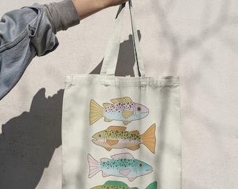Fish Design Cotton Tote Bag, Fish Print Tote, Unique Tote Bag, Fish Tote Bag, Eco-Friendly Shopper, Reusable Bag, Farmers Market Bag