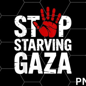 Könnte beinhalten: Grafikdesign auf schwarzem Hintergrund mit Wabenmuster. Der weiße Text lautet "STOP STARVING GAZA", mit einem roten Handabdruck, der das "O" in "STOP" ersetzt.