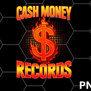 May include: A graphic with the text "CASH MONEY RECORDS" in orange and yellow, with a flaming dollar sign in the center. The background is black with a honeycomb pattern. The letters are outlined in red.