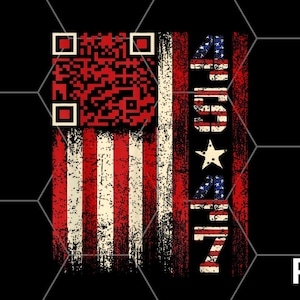 May include: A distressed American flag design with a QR code and the numbers 4567. The flag is red, white, and blue with a white star in the blue field.